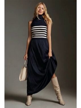 Anthropologie Navy and White Striped Turtleneck Midi Dress